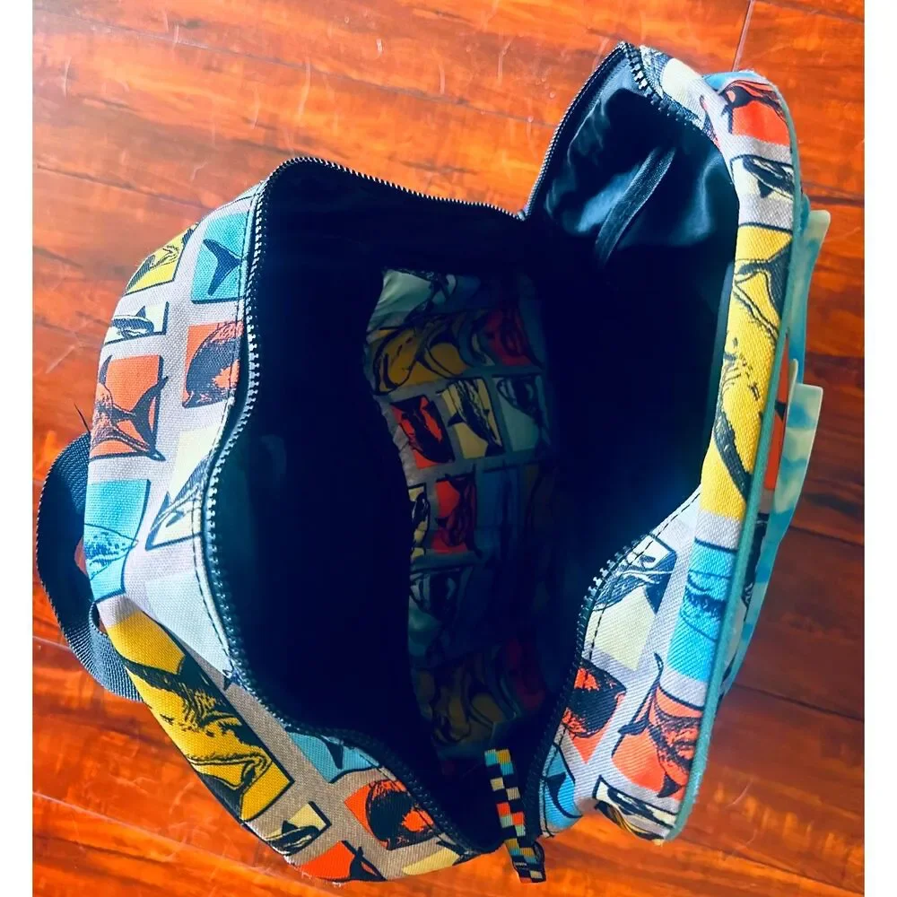 New Whale Print Bag Pack-Lunch Box Set w/ Large rubber Fish Accent Medium size.